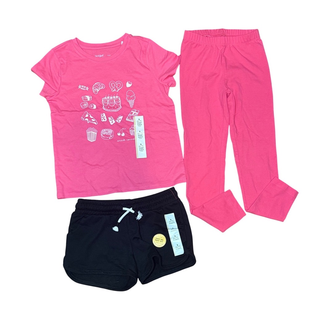 Cat‎ & Jack Girls 3pc Outfit Set 6/7 Pink Snack Graphic Tee Leggings Black Short